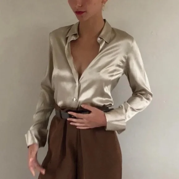 H M Tops Hm Womens Silk Buttondown Long Sleeve Shirt In Champagne Poshmark